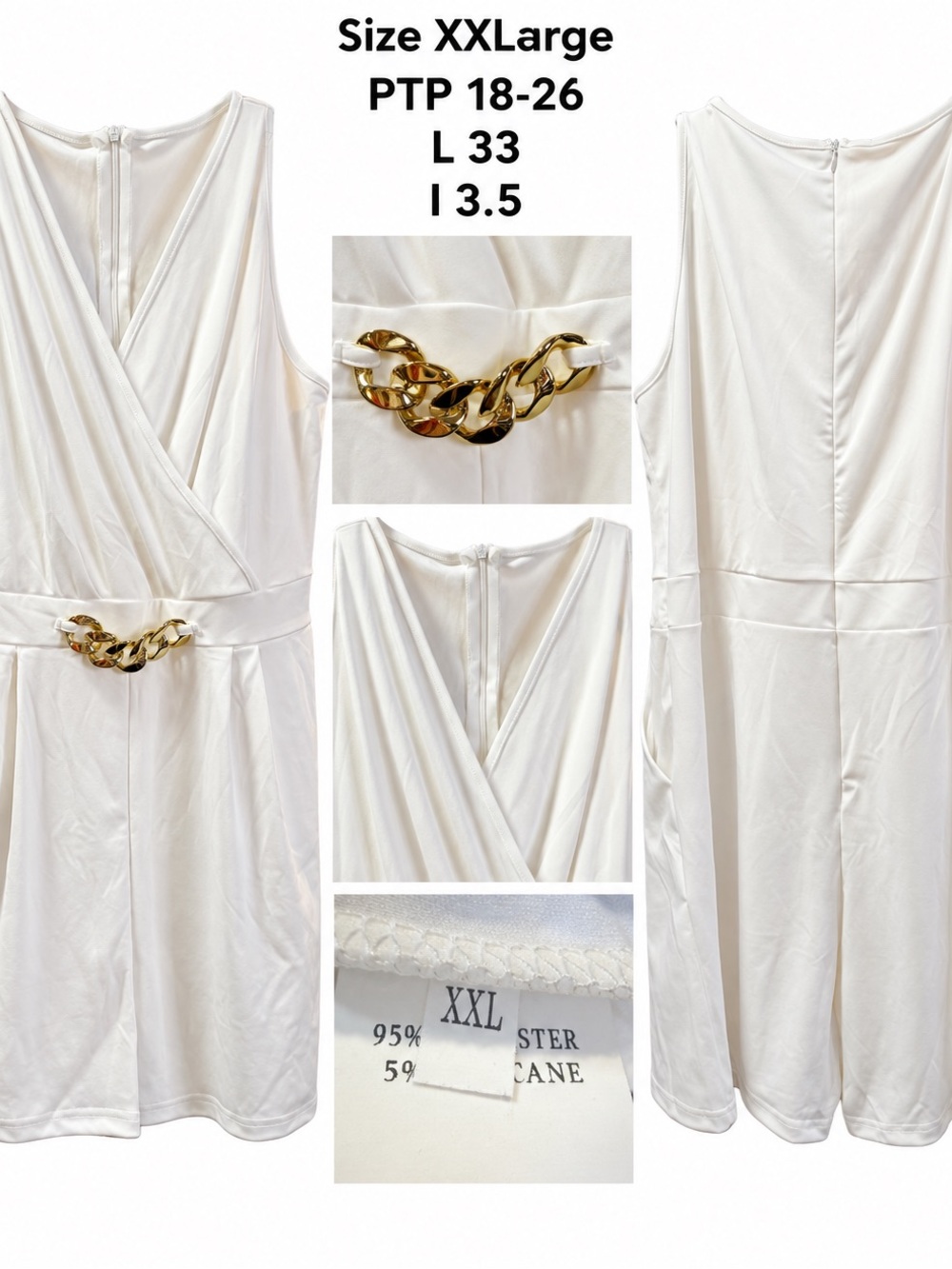 Elegant White Wrap-Front Romper with Gold Chain Detail